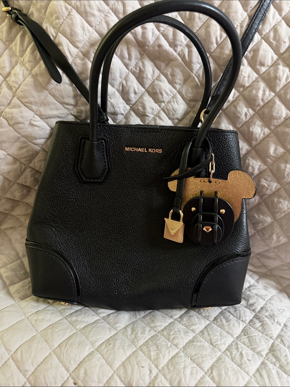 Michael Kors Black Pebbled Leather Satchel with Gold Accents and Charm